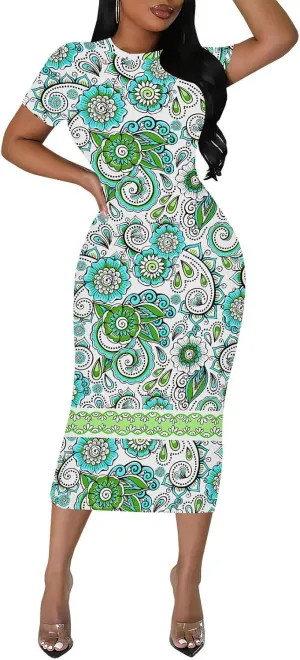 WOKANSE Stylish Dresses for Women Plus Size Sexy Crewneck Short Sleeve 3D Printed Bodycon Midi Dress