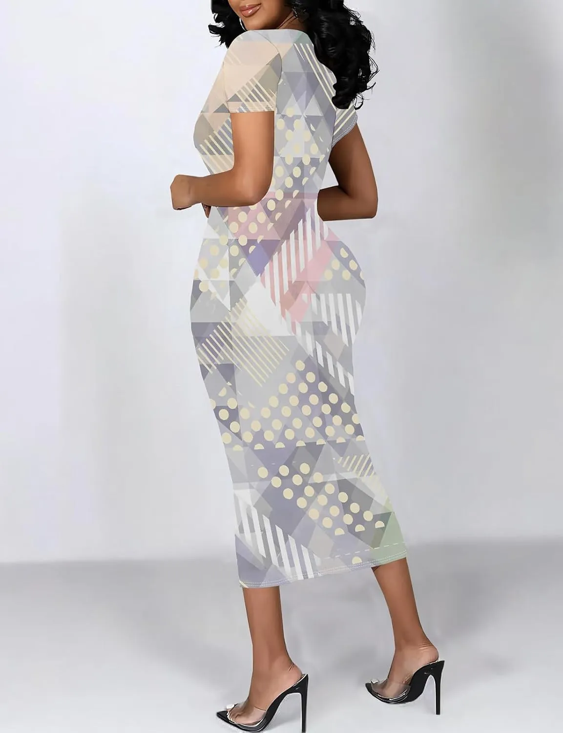 WOKANSE Stylish Dresses for Women Plus Size Sexy Crewneck Short Sleeve 3D Printed Bodycon Midi Dress