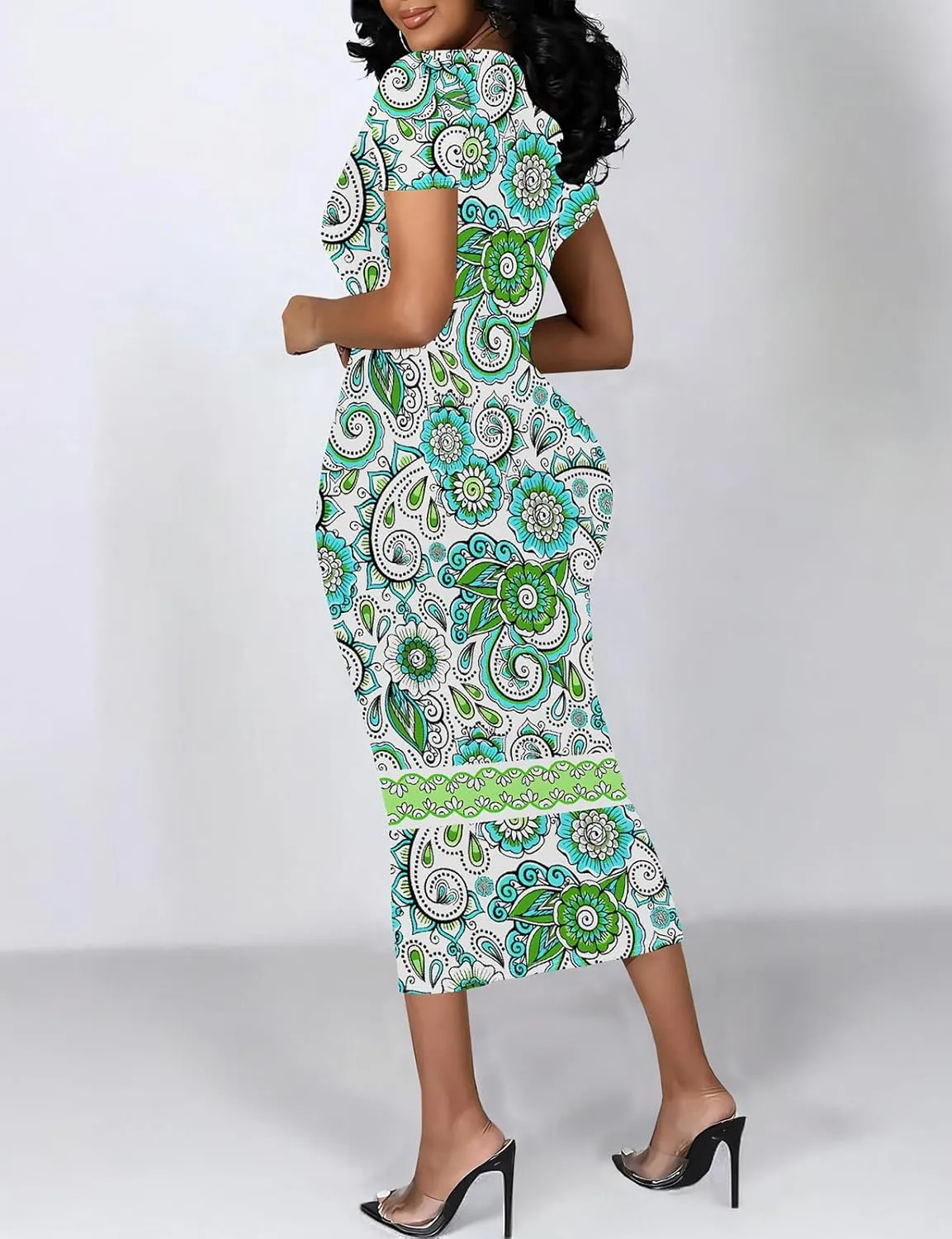 WOKANSE Stylish Dresses for Women Plus Size Sexy Crewneck Short Sleeve 3D Printed Bodycon Midi Dress