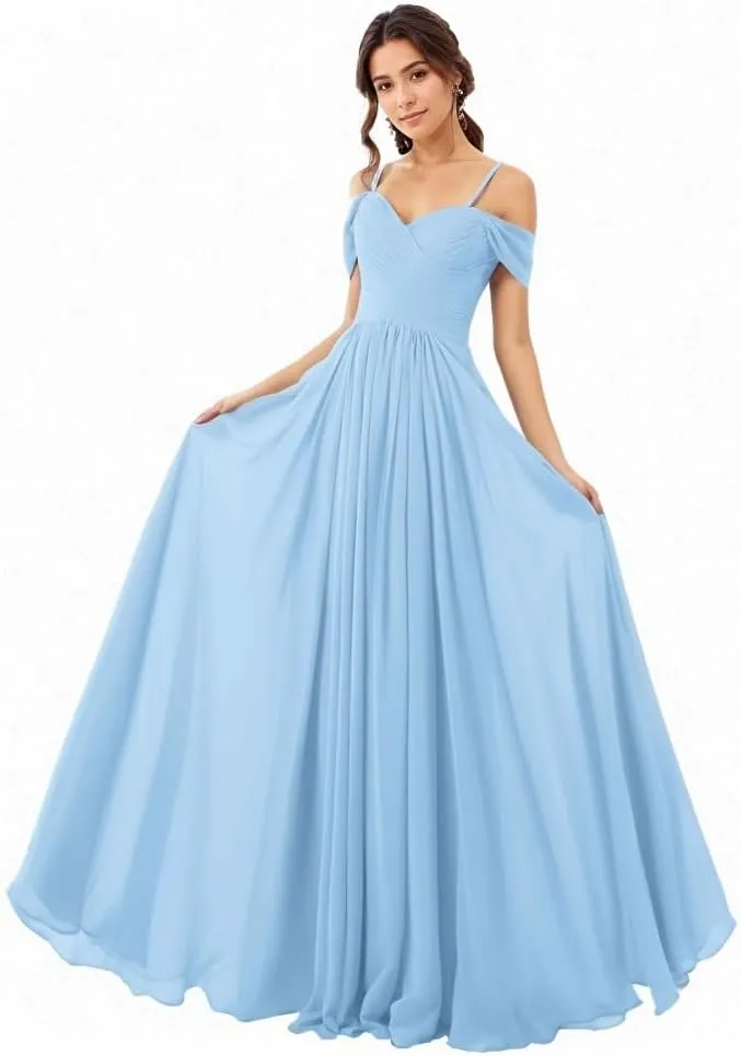 Women A-Line Ruched Off-Shoulder Floor Length Chiffon Party Prom Formal Gown Bridesmaid Dresses