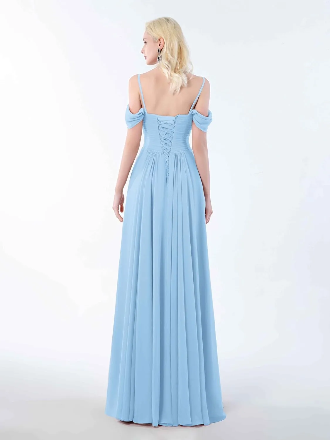 Women A-Line Ruched Off-Shoulder Floor Length Chiffon Party Prom Formal Gown Bridesmaid Dresses