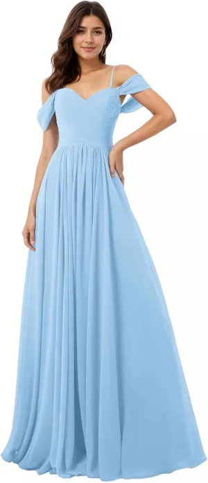 Women A-Line Ruched Off-Shoulder Floor Length Chiffon Party Prom Formal Gown Bridesmaid Dresses