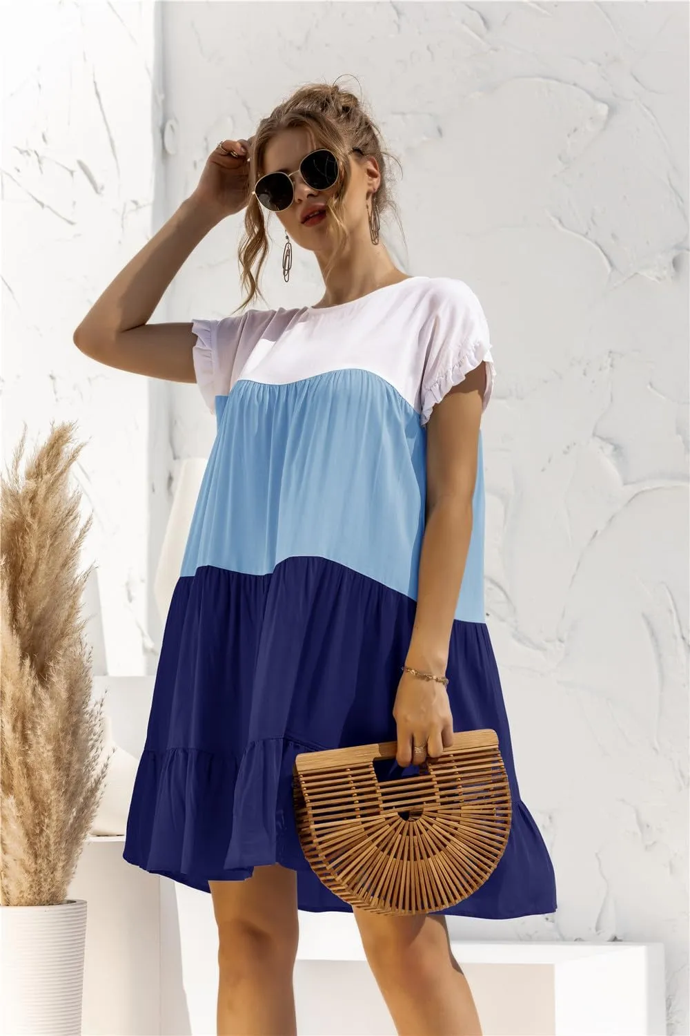 Women Casual Elegant Patchwork Contrast Dress,Ruffles Boho Floral Short Sleeve Oversized Midi and Mini T-Shirt Dress