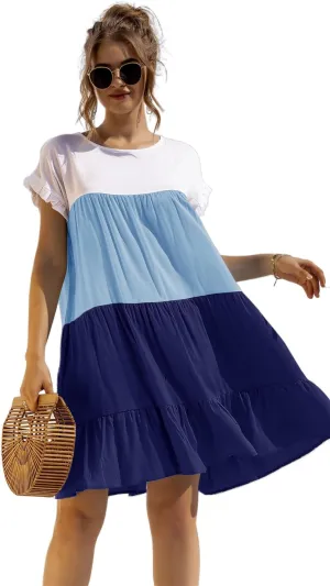 Women Casual Elegant Patchwork Contrast Dress,Ruffles Boho Floral Short Sleeve Oversized Midi and Mini T-Shirt Dress