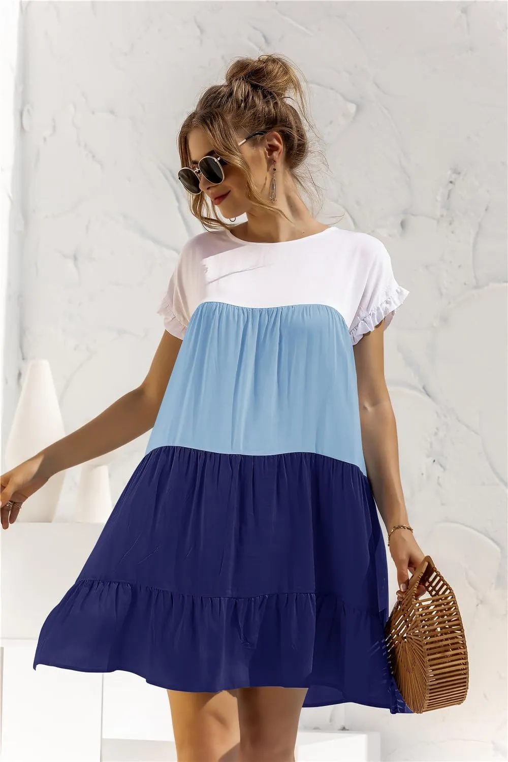 Women Casual Elegant Patchwork Contrast Dress,Ruffles Boho Floral Short Sleeve Oversized Midi and Mini T-Shirt Dress
