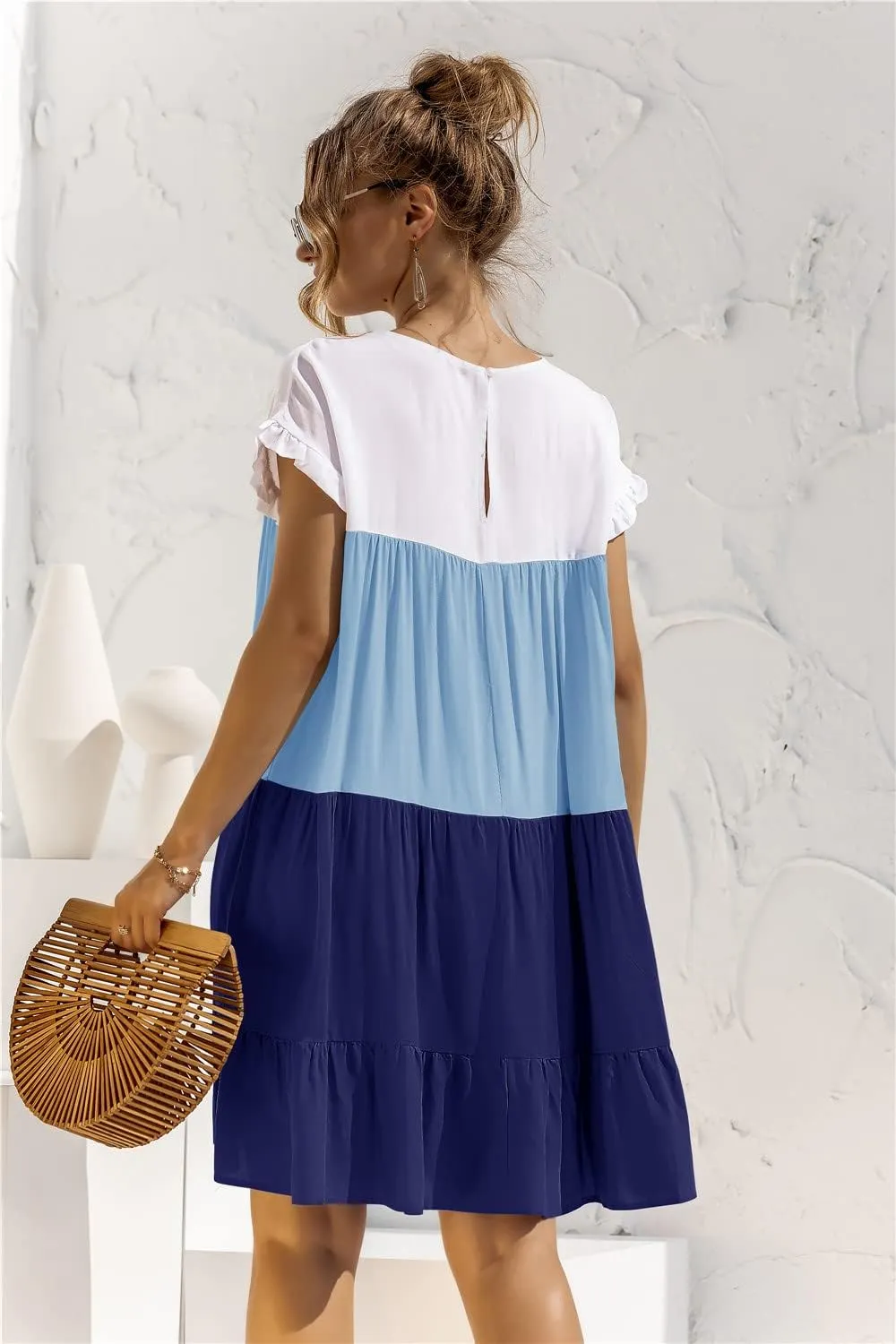Women Casual Elegant Patchwork Contrast Dress,Ruffles Boho Floral Short Sleeve Oversized Midi and Mini T-Shirt Dress