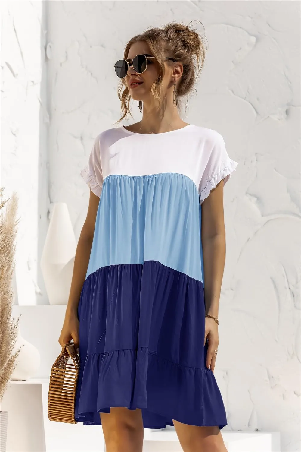 Women Casual Elegant Patchwork Contrast Dress,Ruffles Boho Floral Short Sleeve Oversized Midi and Mini T-Shirt Dress