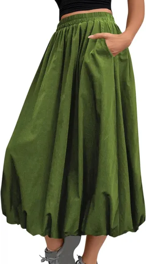 Women Casual Midi Skirts Summer Casual Trendy Solid Color Elastic Hight Waist Skirt Flowy A-Line Skirts with Pockets