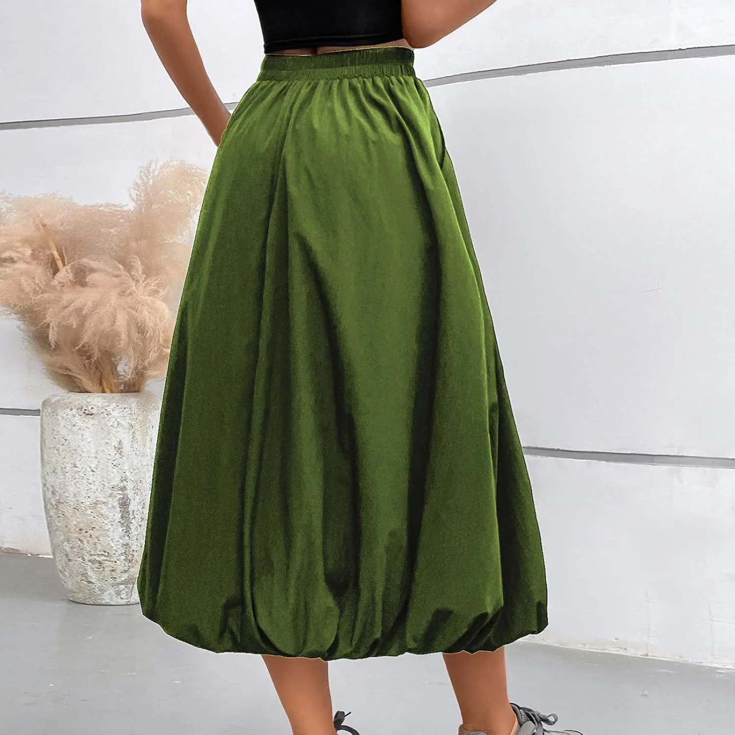 Women Casual Midi Skirts Summer Casual Trendy Solid Color Elastic Hight Waist Skirt Flowy A-Line Skirts with Pockets