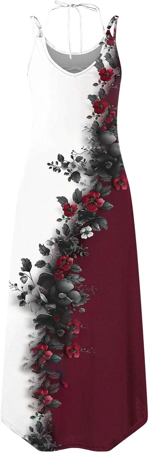 Women Casual Spaghetti Strap Sundress Floral Graphic Print Vacation Summer Maxi Dresses Loose Casual Outfit