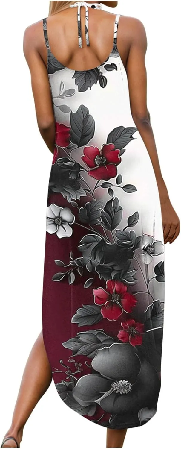 Women Casual Spaghetti Strap Sundress Floral Graphic Print Vacation Summer Maxi Dresses Loose Casual Outfit