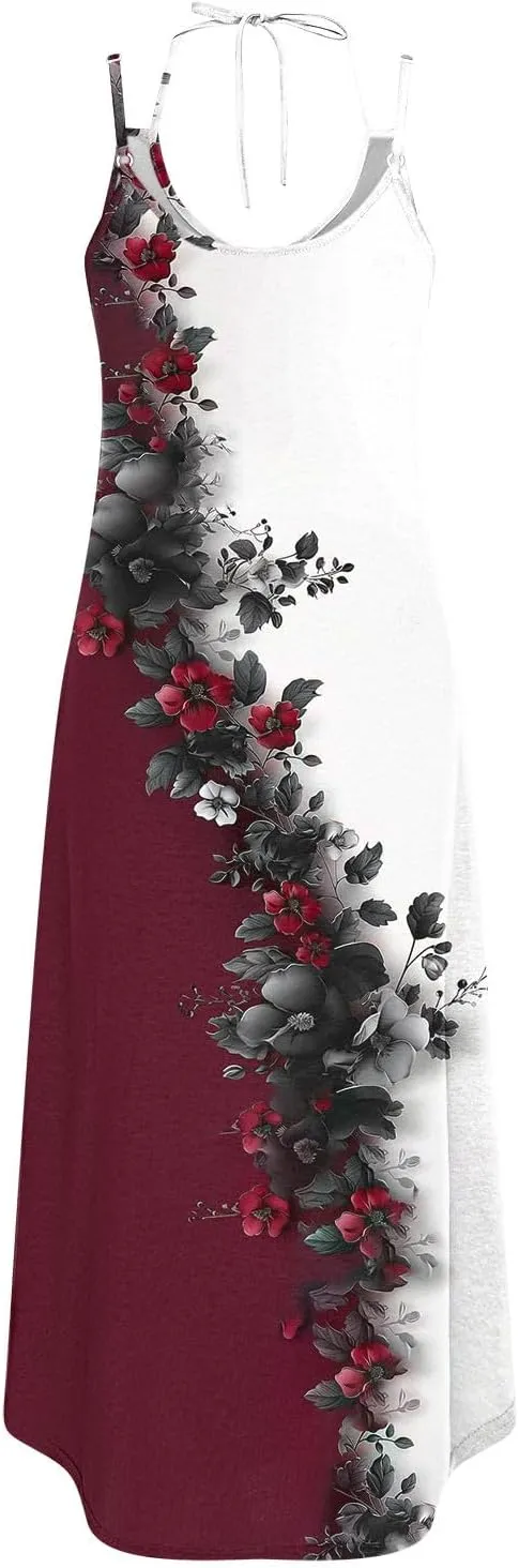 Women Casual Spaghetti Strap Sundress Floral Graphic Print Vacation Summer Maxi Dresses Loose Casual Outfit