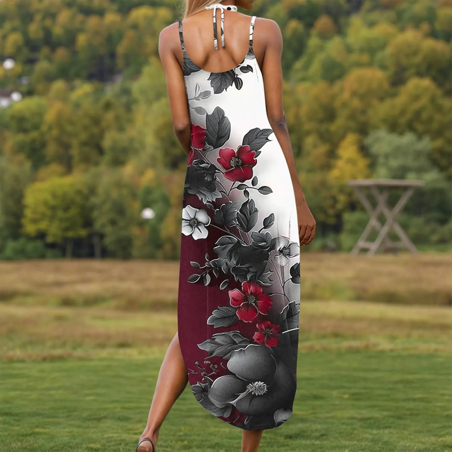 Women Casual Spaghetti Strap Sundress Floral Graphic Print Vacation Summer Maxi Dresses Loose Casual Outfit
