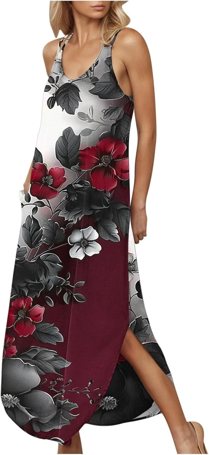Women Casual Spaghetti Strap Sundress Floral Graphic Print Vacation Summer Maxi Dresses Loose Casual Outfit