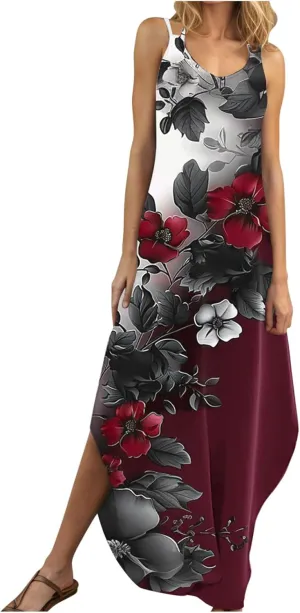 Women Casual Spaghetti Strap Sundress Floral Graphic Print Vacation Summer Maxi Dresses Loose Casual Outfit