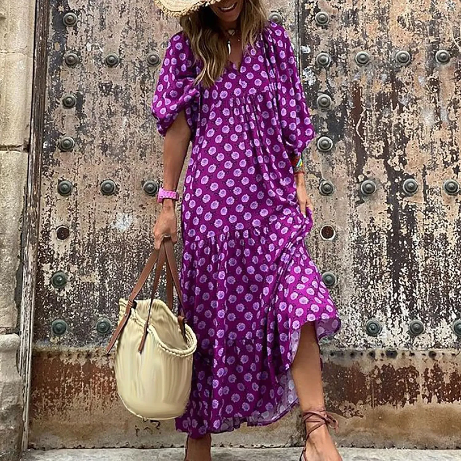 Women Casual Summer Dresses 2025 Spring Crew Neck Ruffle Short Sleeve Floral Print Smocked Boho Flowy Maxi Dress