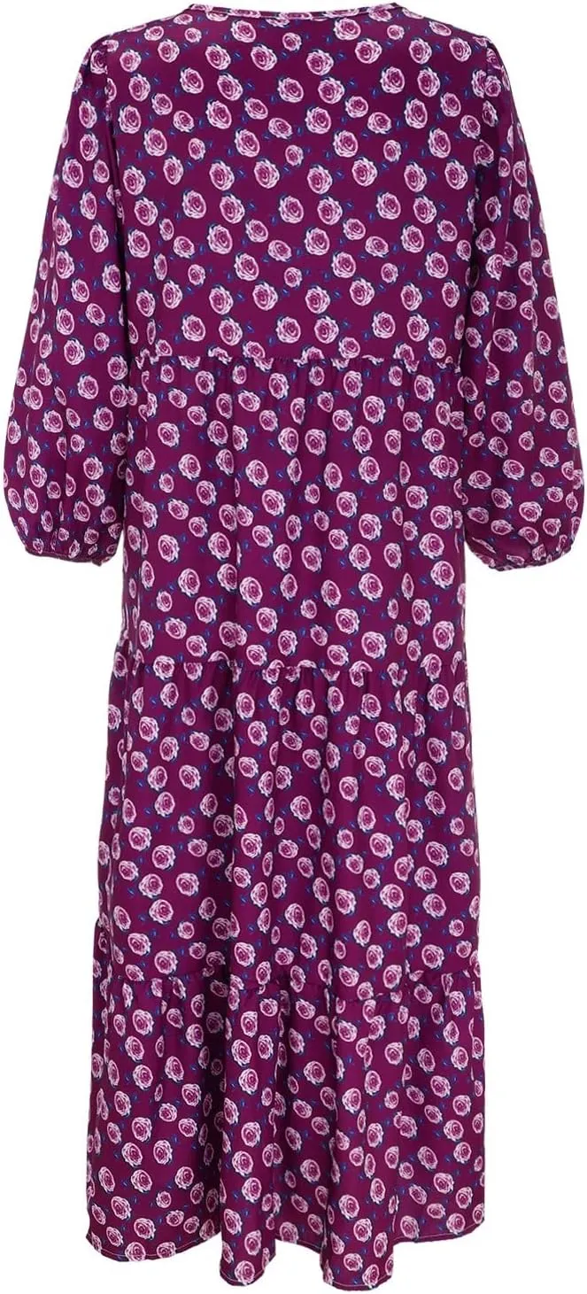 Women Casual Summer Dresses 2025 Spring Crew Neck Ruffle Short Sleeve Floral Print Smocked Boho Flowy Maxi Dress