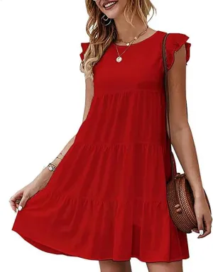 Women Casual Summer Dresses Ruffle Short Sleeve Simple Solid Color Sundress Loose Casual Vacation Short Dresses