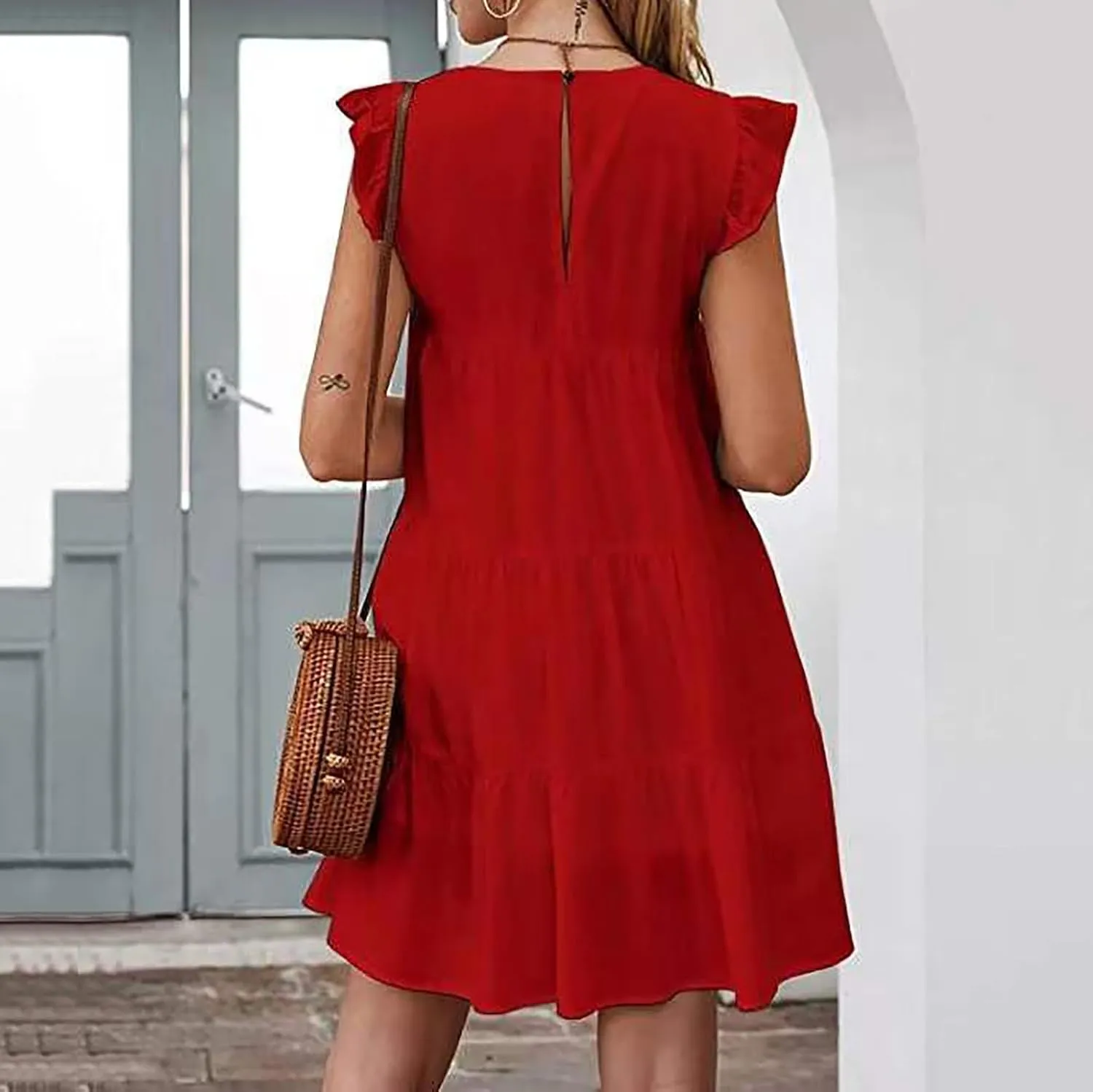 Women Casual Summer Dresses Ruffle Short Sleeve Simple Solid Color Sundress Loose Casual Vacation Short Dresses