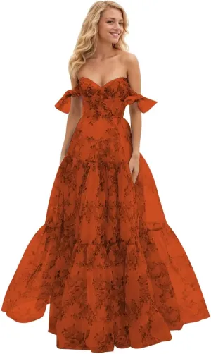 Women Chiffon Floral Print Off Shoulder Prom Dress 2025 Long Ball Gown Formal Dress Sweetheart Evening Gown