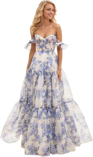 Women Chiffon Floral Print Off Shoulder Prom Dress 2025 Long Ball Gown Formal Dress Sweetheart Evening Gown