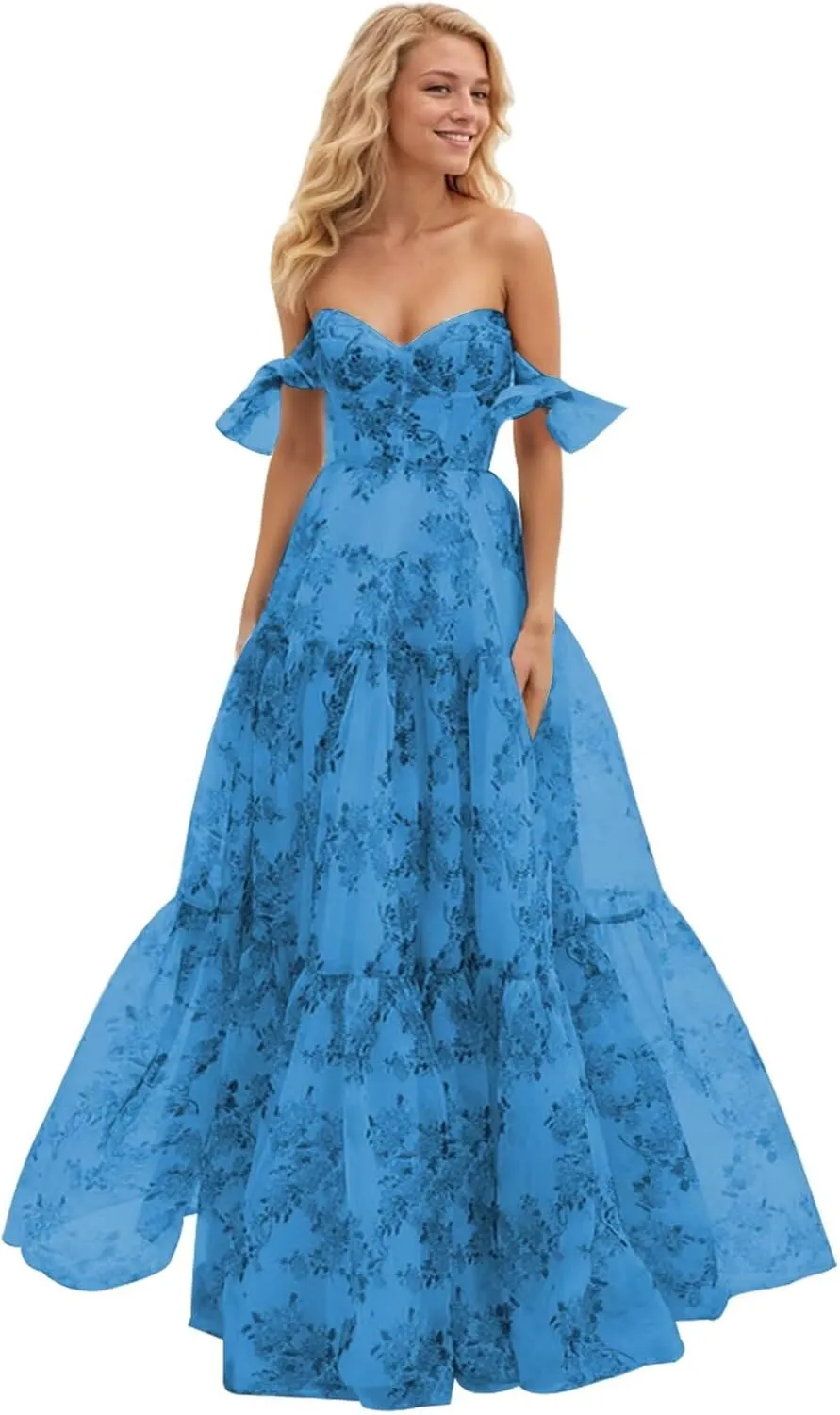 Women Chiffon Floral Print Off Shoulder Prom Dress 2025 Long Ball Gown Formal Dress Sweetheart Evening Gown