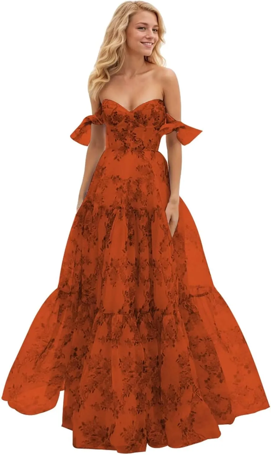 Women Chiffon Floral Print Off Shoulder Prom Dress 2025 Long Ball Gown Formal Dress Sweetheart Evening Gown