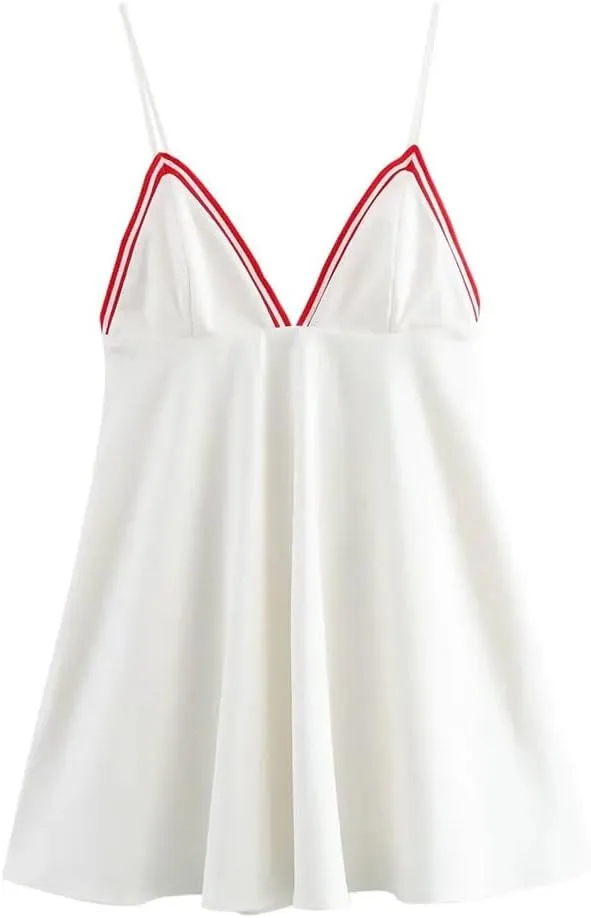 Women Contrast Color A-Line Mini Dress V-Neck Sexy Spaghetti Strap Backless Short Dresses