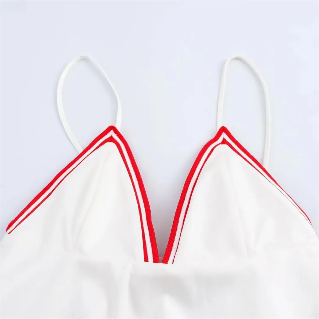Women Contrast Color A-Line Mini Dress V-Neck Sexy Spaghetti Strap Backless Short Dresses