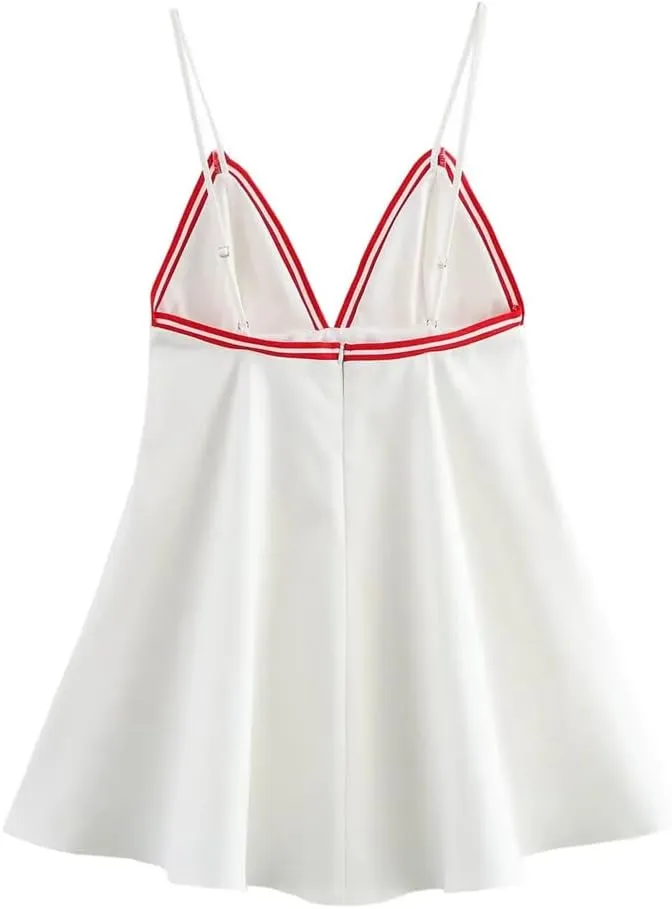 Women Contrast Color A-Line Mini Dress V-Neck Sexy Spaghetti Strap Backless Short Dresses