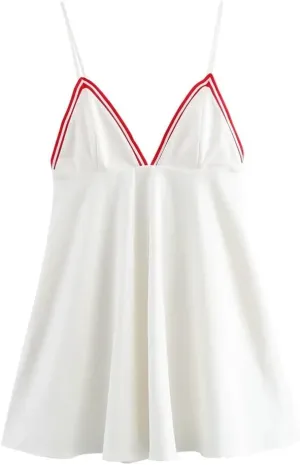 Women Contrast Color A-Line Mini Dress V-Neck Sexy Spaghetti Strap Backless Short Dresses