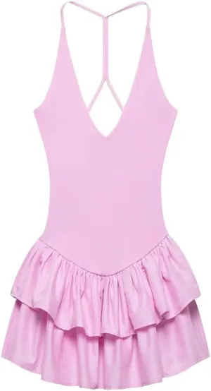 Women Deep V-Neck Mini Dress Sexy Sleeveless Backless Pleated Elastic Beach Slim Party Dresses