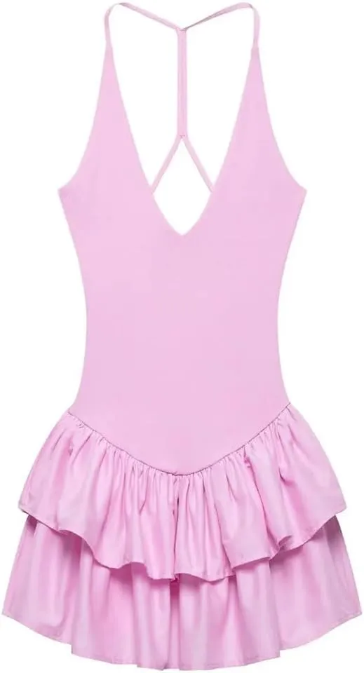 Women Deep V-Neck Mini Dress Sexy Sleeveless Backless Pleated Elastic Beach Slim Party Dresses