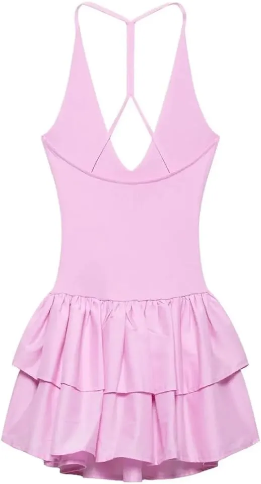 Women Deep V-Neck Mini Dress Sexy Sleeveless Backless Pleated Elastic Beach Slim Party Dresses