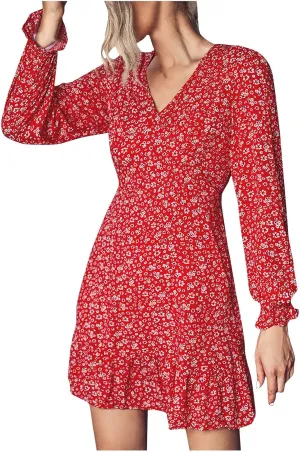 Women Dresses Casual Long Sleeve Fall Dress V Neck Bohemian Floral Casual Flowy A Line Tiered Work Midi Dresses Maxi Dress Red M