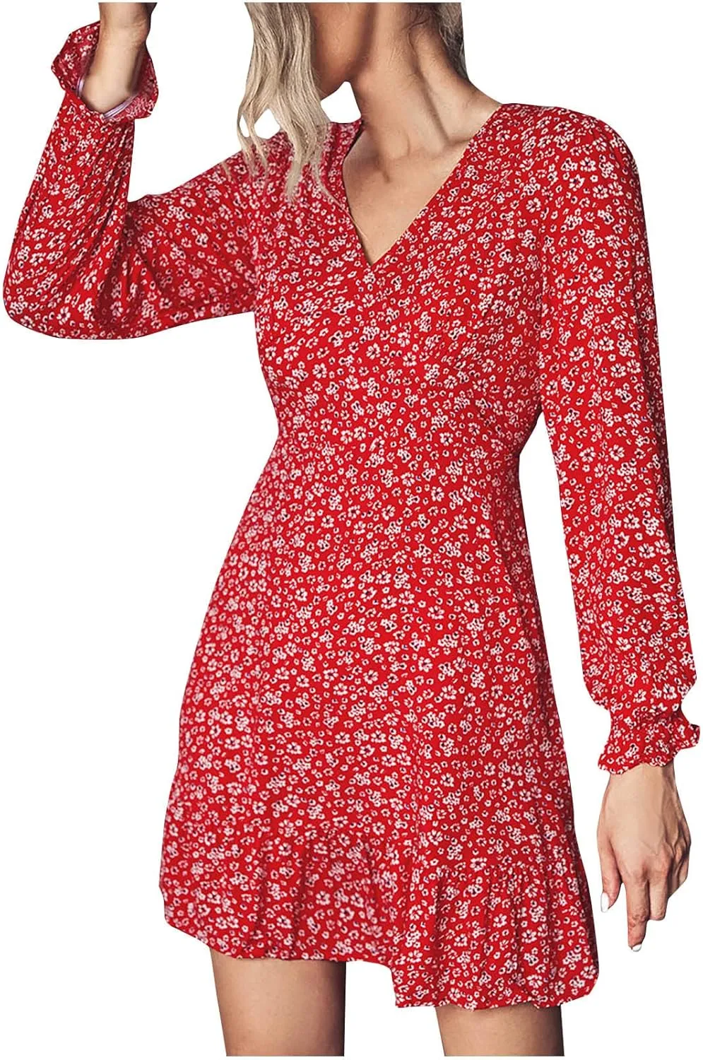 Women Dresses Casual Long Sleeve Fall Dress V Neck Bohemian Floral Casual Flowy A Line Tiered Work Midi Dresses Maxi Dress Red M