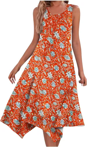 Women Flowy Dresses Casual Knee Length Plus Size Sun Dress Casual Beach Floral Vacation Dresses 2024 with Procket
