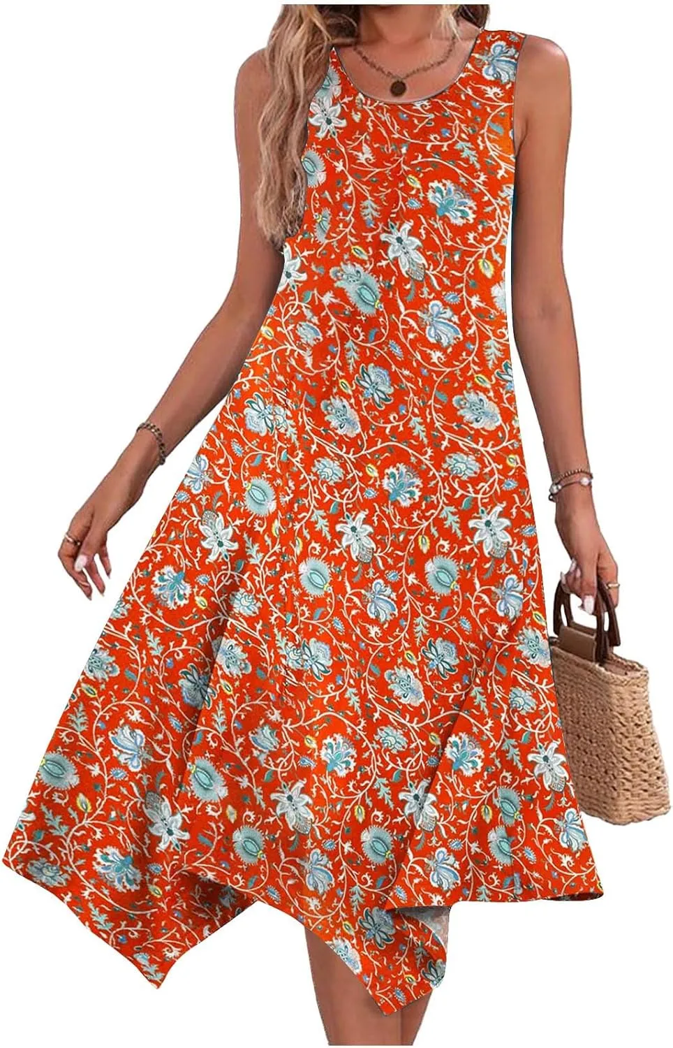 Women Flowy Dresses Casual Knee Length Plus Size Sun Dress Casual Beach Floral Vacation Dresses 2024 with Procket