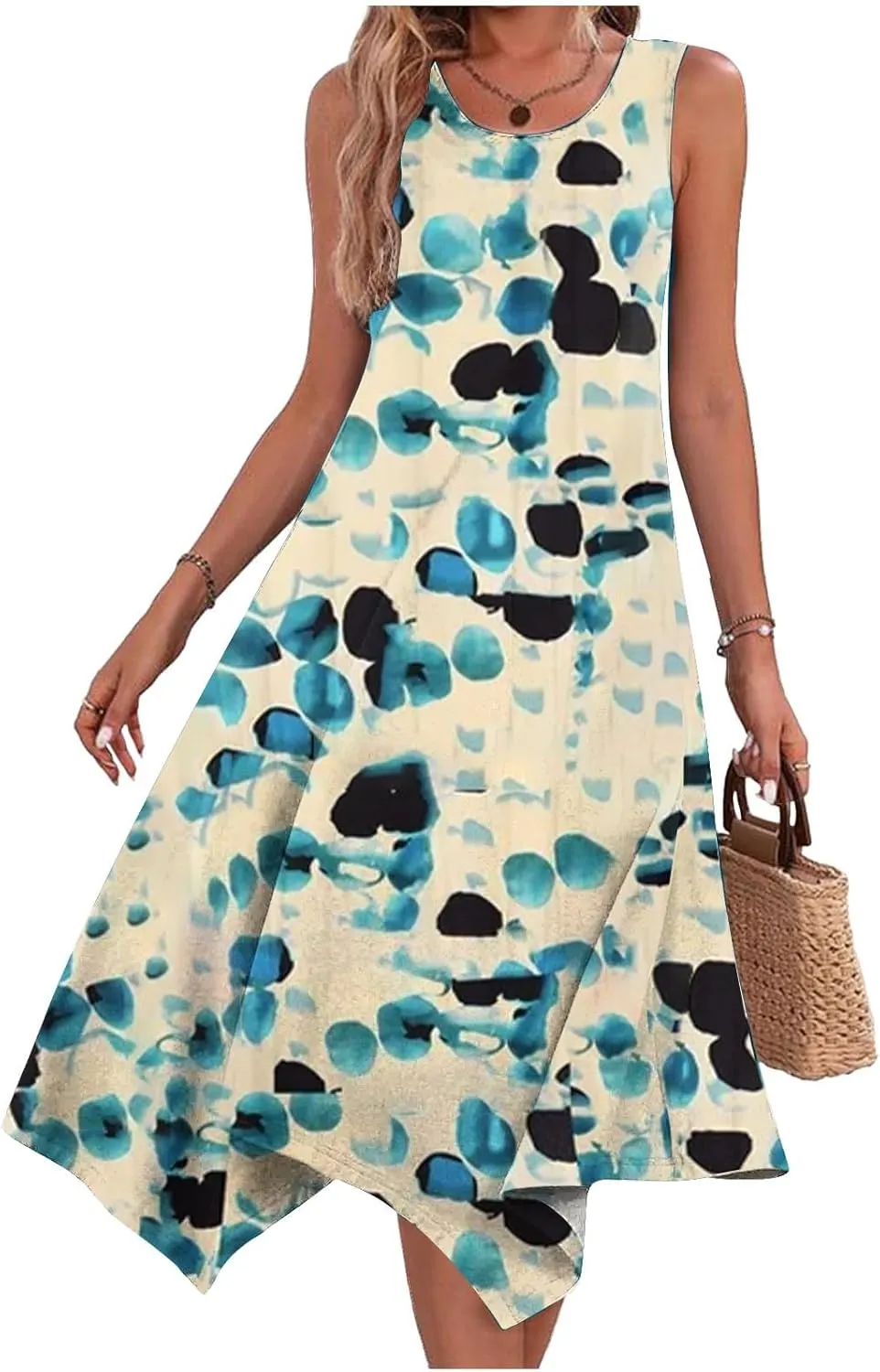 Women Flowy Dresses Casual Knee Length Plus Size Sun Dress Casual Beach Floral Vacation Dresses 2024 with Procket
