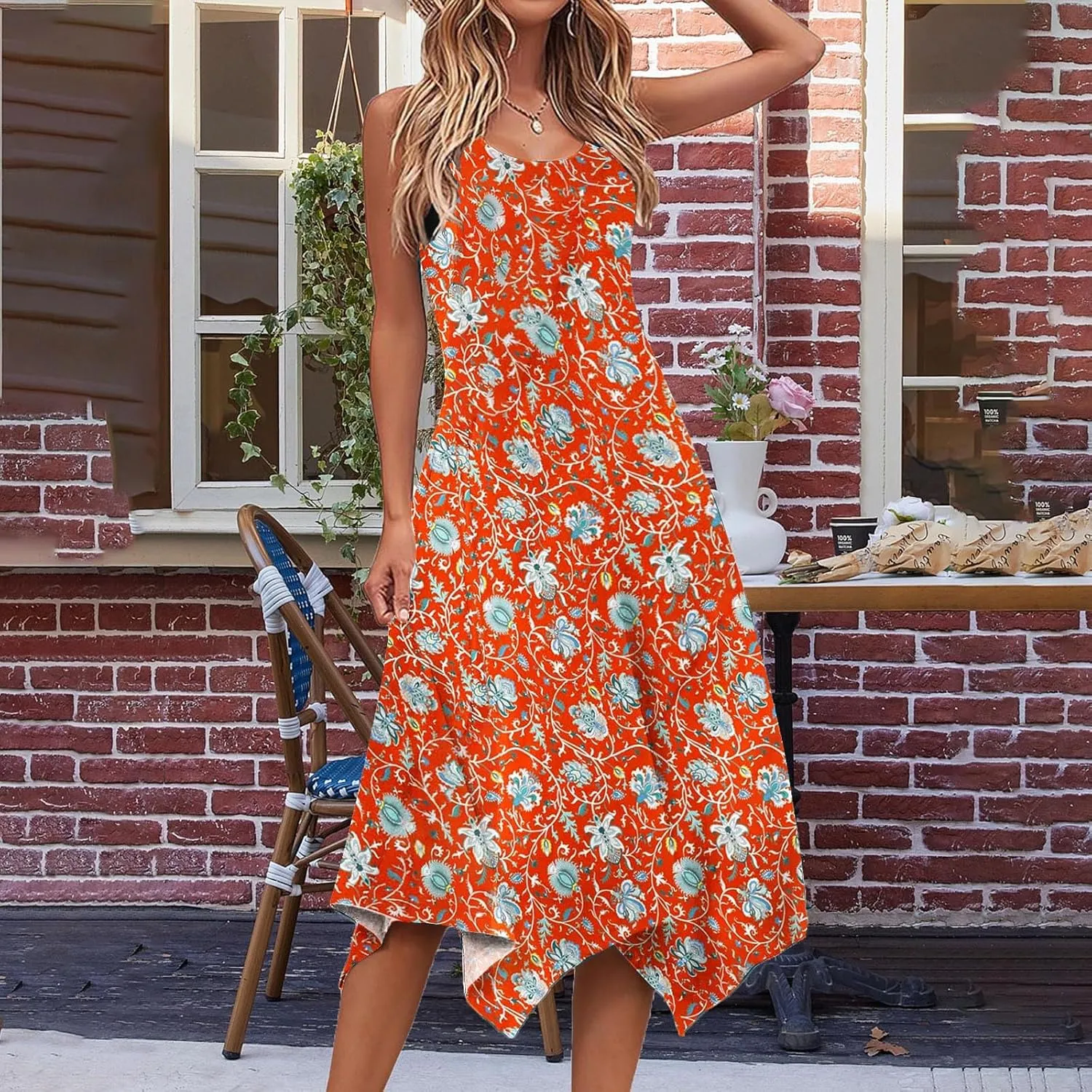 Women Flowy Dresses Casual Knee Length Plus Size Sun Dress Casual Beach Floral Vacation Dresses 2024 with Procket