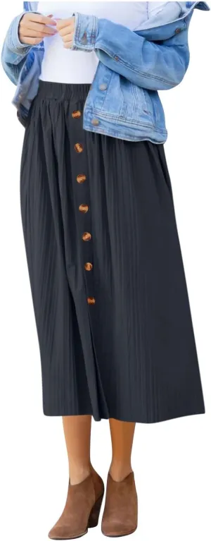 Women Front Button A-Line Midi Skirt Summer Casual High Waisted Skirts Trendy Casual Solid Color Flowy Pleated Skirt