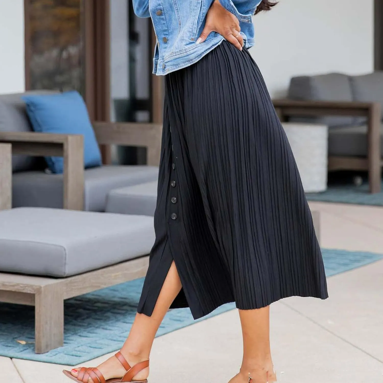 Women Front Button A-Line Midi Skirt Summer Casual High Waisted Skirts Trendy Casual Solid Color Flowy Pleated Skirt