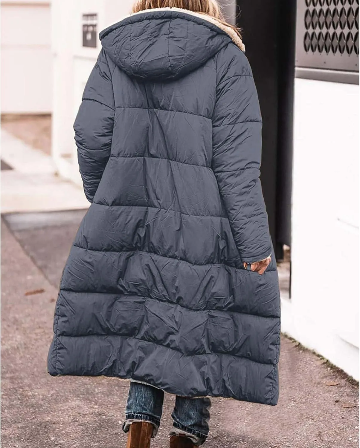 Women Long Winter Jacket Oversize Thicken Warm Stylish Hoodie Down Coat Sherpa Fleece Lined Reversible Puffer Jacket