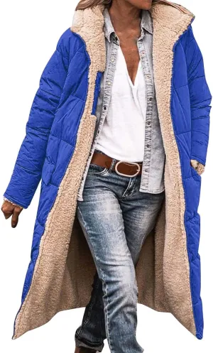 Women Long Winter Jacket Oversize Thicken Warm Stylish Hoodie Down Coat Sherpa Fleece Lined Reversible Puffer Jacket