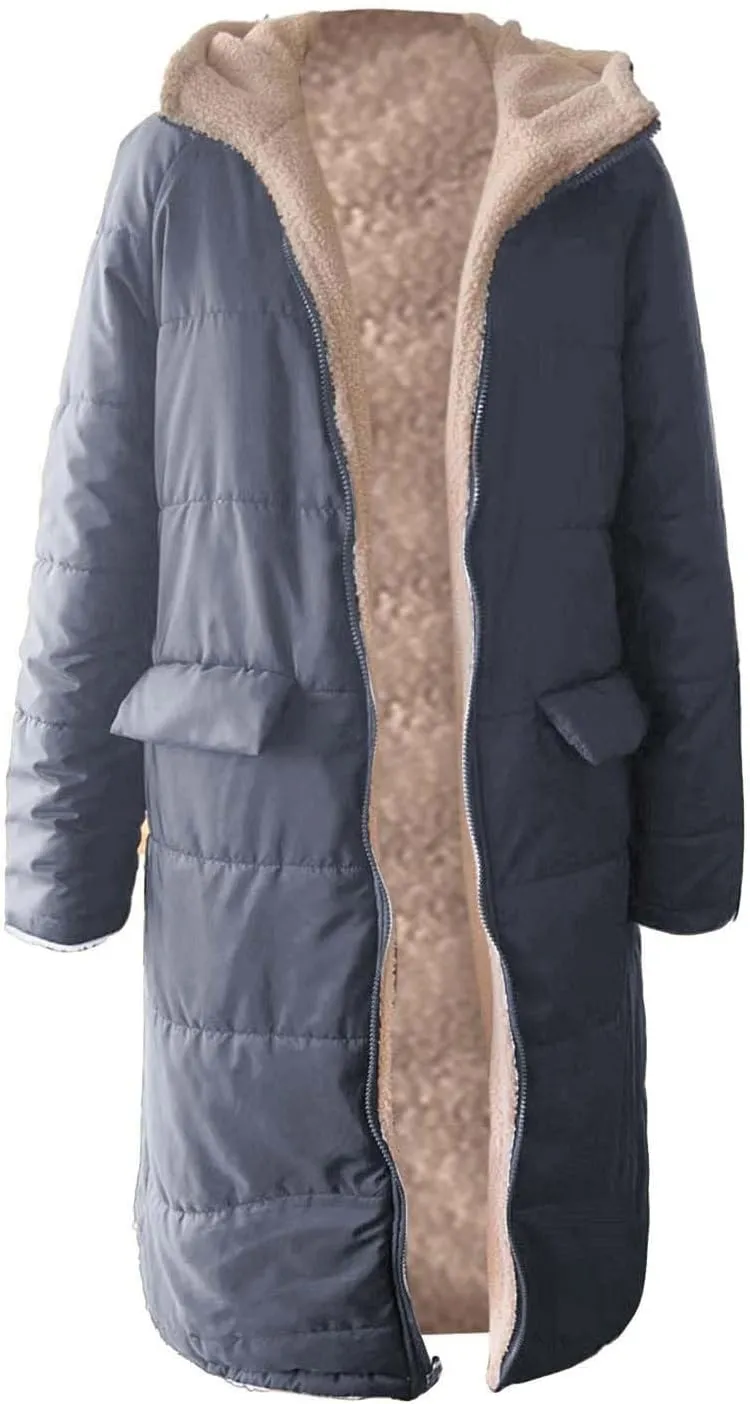 Women Long Winter Jacket Oversize Thicken Warm Stylish Hoodie Down Coat Sherpa Fleece Lined Reversible Puffer Jacket