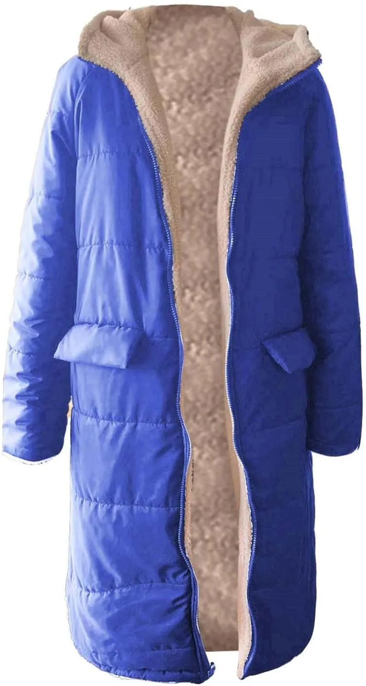 Women Long Winter Jacket Oversize Thicken Warm Stylish Hoodie Down Coat Sherpa Fleece Lined Reversible Puffer Jacket