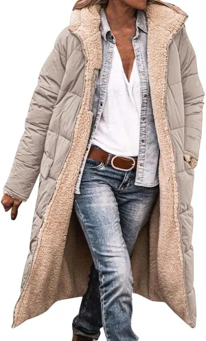 Women Long Winter Jacket Oversize Thicken Warm Stylish Hoodie Down Coat Sherpa Fleece Lined Reversible Puffer Jacket