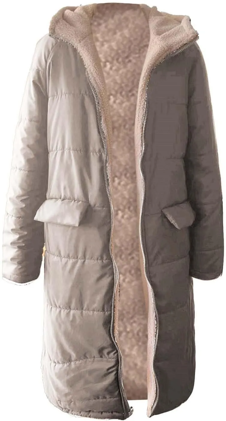 Women Long Winter Jacket Oversize Thicken Warm Stylish Hoodie Down Coat Sherpa Fleece Lined Reversible Puffer Jacket