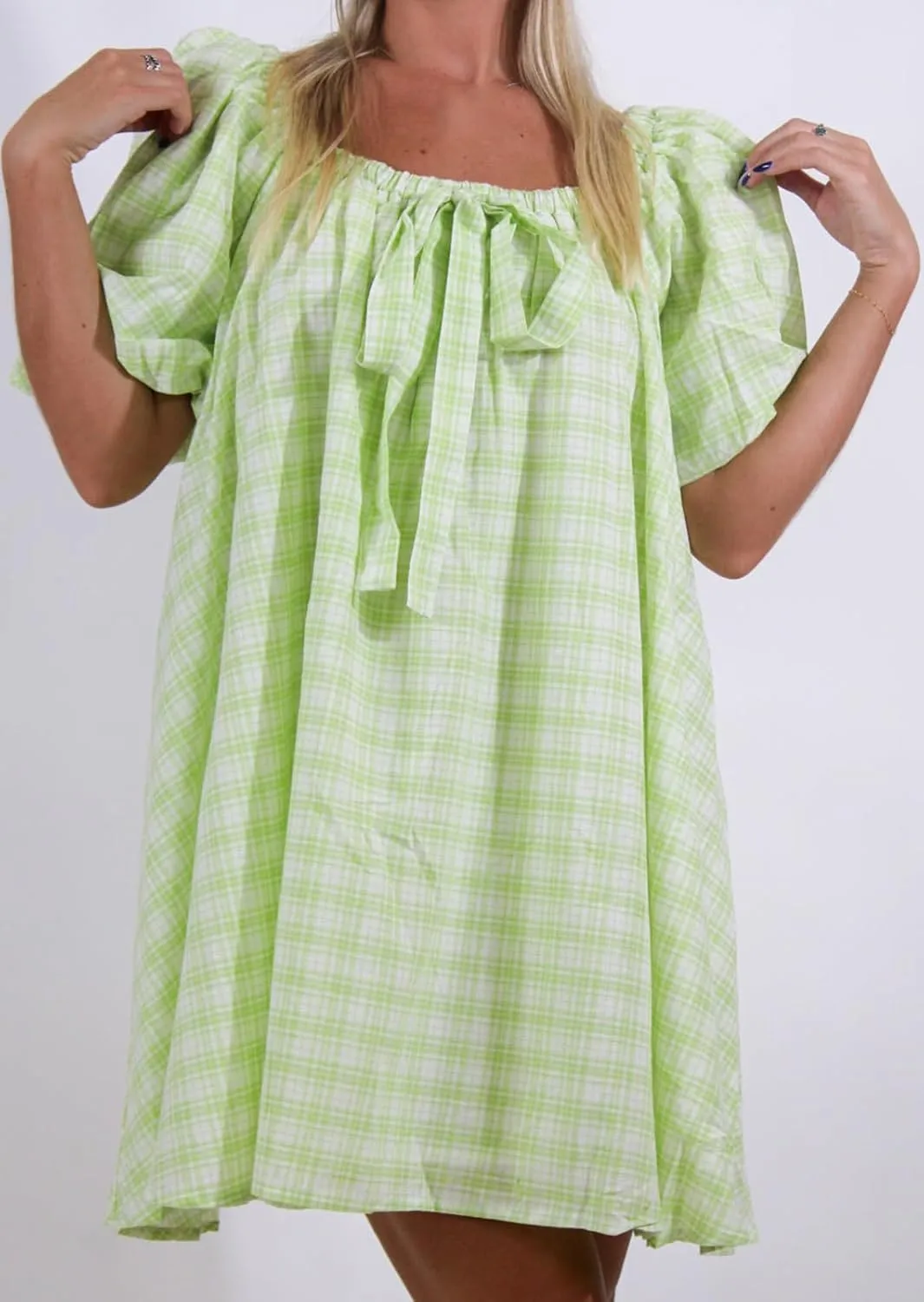 Women Puff Short Sleeve Mini Dress V-Neck Casual Flowy Babydoll Dresses A-Line Ruffle Beach Vacation Short Sundress