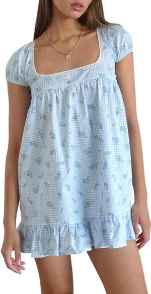Women Puff Short Sleeve Mini Dress V-Neck Casual Flowy Babydoll Dresses A-Line Ruffle Beach Vacation Short Sundress